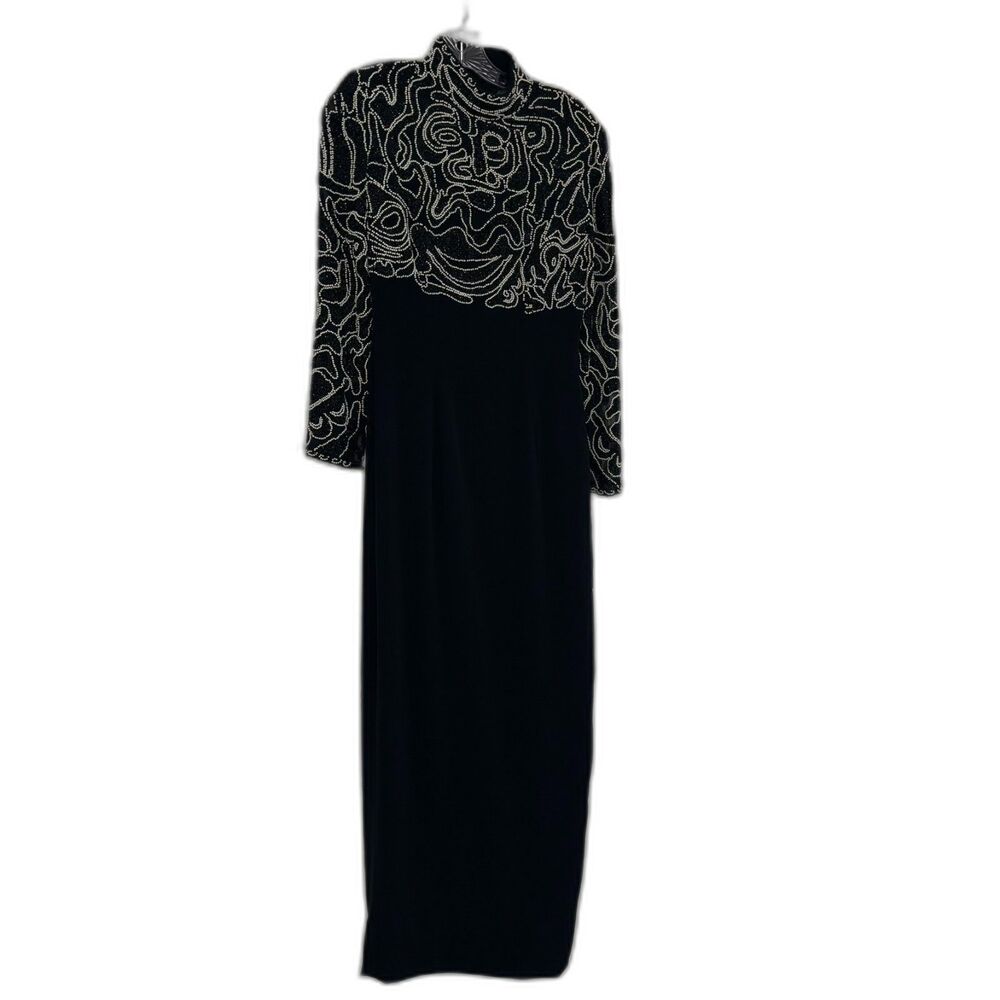 Vintage Heavily Beaded Black & White Monochromatic Abstract Design Formal Dress